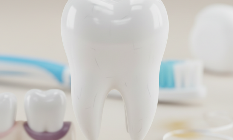 Close-up photorealistic image of a healthy adult molar tooth. In the blurred background, there are abstract, soft suggestions of gum recession or decay, alongside out-of-focus dental care items like a toothbrush or floss. The lighting is soft and natural, with a clean, neutral color palette.