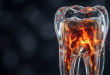 A close-up, photorealistic render of a transparent tooth model. Inside the tooth's root, there is a bright, glowing red and orange light, symbolizing a painful dental infection or abscess.