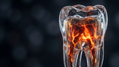 A close-up, photorealistic render of a transparent tooth model. Inside the tooth's root, there is a bright, glowing red and orange light, symbolizing a painful dental infection or abscess.