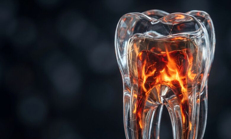 A close-up, photorealistic render of a transparent tooth model. Inside the tooth's root, there is a bright, glowing red and orange light, symbolizing a painful dental infection or abscess.