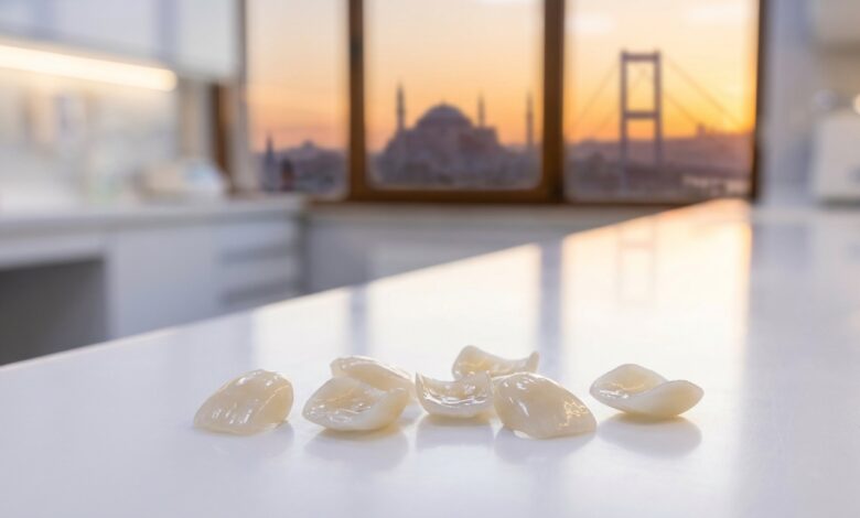 A photorealistic close-up of pristine white dental veneers on a clean surface, with the blurred skyline of Istanbul, Turkey and the Bosphorus visible in the background during a warm sunset.