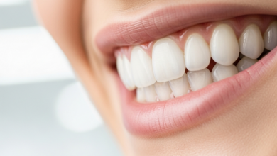 A photorealistic close-up of a beautiful, radiant smile with perfectly aligned, bright white teeth. The background is softly blurred, showing an impression of a clean, modern dental environment.