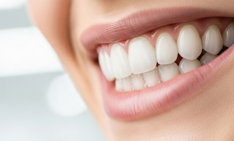 A photorealistic close-up of a beautiful, radiant smile with perfectly aligned, bright white teeth. The background is softly blurred, showing an impression of a clean, modern dental environment.