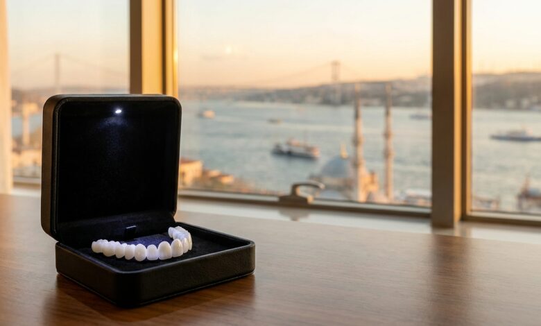 A close-up of a perfect set of white dental veneers in a display case. In the background, the Istanbul skyline and the Bosphorus are visible in a beautiful, blurred sunset, symbolizing dental tourism in Turkey.