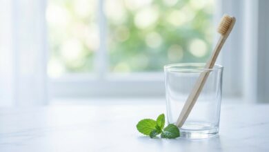 A photorealistic close-up of a modern toothbrush and a dewy green mint leaf on a bright, clean bathroom counter, representing the concept of fresh breath and oral health.