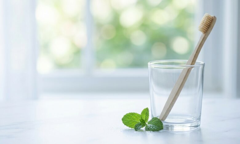 A photorealistic close-up of a modern toothbrush and a dewy green mint leaf on a bright, clean bathroom counter, representing the concept of fresh breath and oral health.