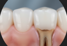 A detailed close-up image showing a tooth with healthy, pink gum tissue on one side, and on the other, the gum is visibly receded, exposing the tooth's root, against a blurred, clean background.
