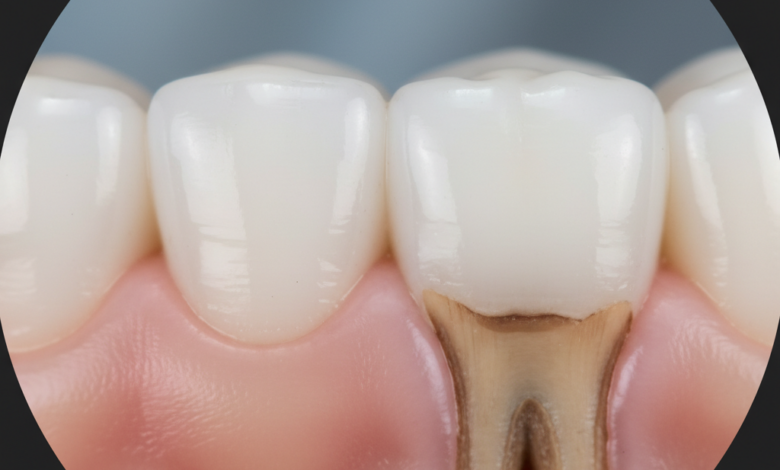 A detailed close-up image showing a tooth with healthy, pink gum tissue on one side, and on the other, the gum is visibly receded, exposing the tooth's root, against a blurred, clean background.