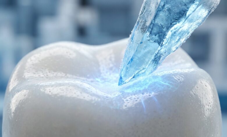 An abstract, photorealistic macro photo visualizing tooth sensitivity, showing a clean white enamel surface being touched by a piece of blue ice, creating a glowing blue reaction at the point of contact.