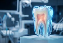 A photorealistic 3D model of a human tooth, glowing from within to show the enamel, dentin, and nerve pulp. The model is in a clean, modern, and blurred dental clinic setting.