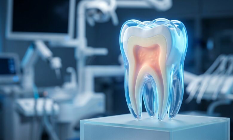 A photorealistic 3D model of a human tooth, glowing from within to show the enamel, dentin, and nerve pulp. The model is in a clean, modern, and blurred dental clinic setting.