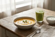 A beautifully arranged meal for post-dental implant recovery, featuring a bowl of smooth pumpkin soup, a glass of green smoothie, and a dish of yogurt on a clean wooden surface.