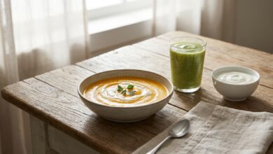 A beautifully arranged meal for post-dental implant recovery, featuring a bowl of smooth pumpkin soup, a glass of green smoothie, and a dish of yogurt on a clean wooden surface.
