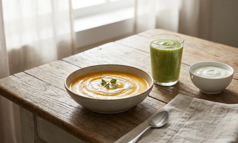 A beautifully arranged meal for post-dental implant recovery, featuring a bowl of smooth pumpkin soup, a glass of green smoothie, and a dish of yogurt on a clean wooden surface.