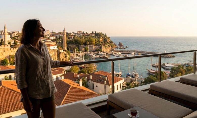 A photorealistic image from a high-rise balcony showing a person with a happy smile looking out over a beautiful Turkish coastal city at sunset, symbolizing a successful dental tourism trip.