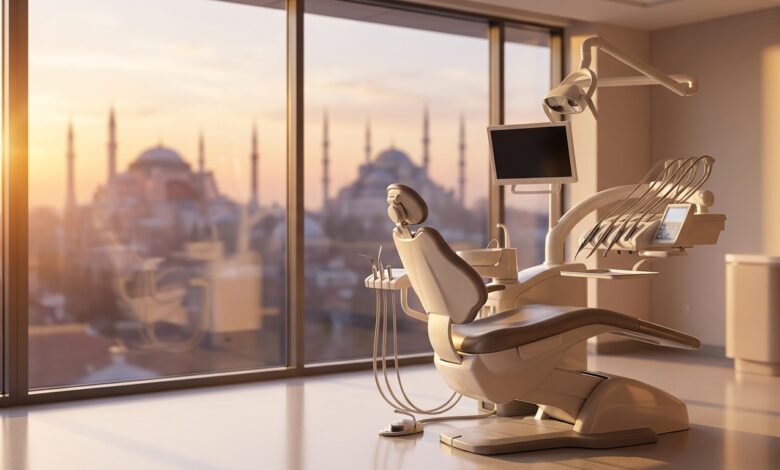 A pristine, modern dental clinic room with an empty treatment chair in the foreground. Through a large window, the background shows a softly blurred, iconic sunrise view of the Istanbul, Turkey skyline.
