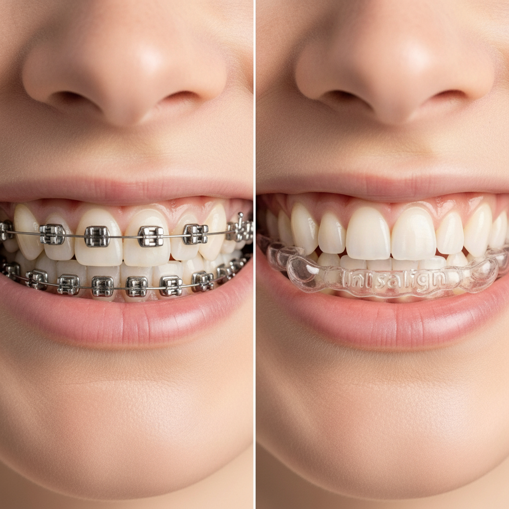 Braces and Invisalign Orthodontic Comparison Invisalign vs Braces, visually comparing the discreet clear aligners with traditional metal orthodontic brackets.