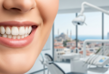 Close-up of a person's mouth with a confident, healthy smile, showcasing perfectly aligned and naturally bright teeth. The background is a subtly blurred modern dental clinic interior, with a highly blurred impressionistic Turkish city or coastal landscape visible through a window.
