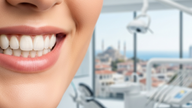 Close-up of a person's mouth with a confident, healthy smile, showcasing perfectly aligned and naturally bright teeth. The background is a subtly blurred modern dental clinic interior, with a highly blurred impressionistic Turkish city or coastal landscape visible through a window.