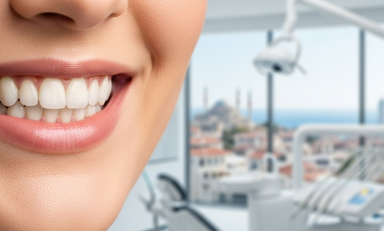 Close-up of a person's mouth with a confident, healthy smile, showcasing perfectly aligned and naturally bright teeth. The background is a subtly blurred modern dental clinic interior, with a highly blurred impressionistic Turkish city or coastal landscape visible through a window.