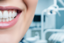 Close-up of a pristine, natural-looking smile with bright white teeth, softly focused against a blurred, modern dental clinic interior, symbolizing successful and high-quality oral health restoration.