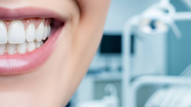 Close-up of a pristine, natural-looking smile with bright white teeth, softly focused against a blurred, modern dental clinic interior, symbolizing successful and high-quality oral health restoration.