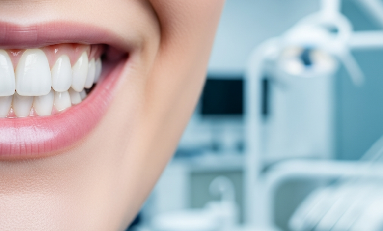 Close-up of a pristine, natural-looking smile with bright white teeth, softly focused against a blurred, modern dental clinic interior, symbolizing successful and high-quality oral health restoration.