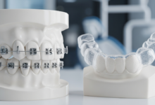 A detailed visual comparison showing traditional metal dental braces on a stylized tooth form on the left, and a transparent clear plastic Invisalign aligner resting on another tooth form on the right. Both are set against a blurred, modern, clean dental office background.