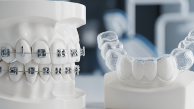 A detailed visual comparison showing traditional metal dental braces on a stylized tooth form on the left, and a transparent clear plastic Invisalign aligner resting on another tooth form on the right. Both are set against a blurred, modern, clean dental office background.