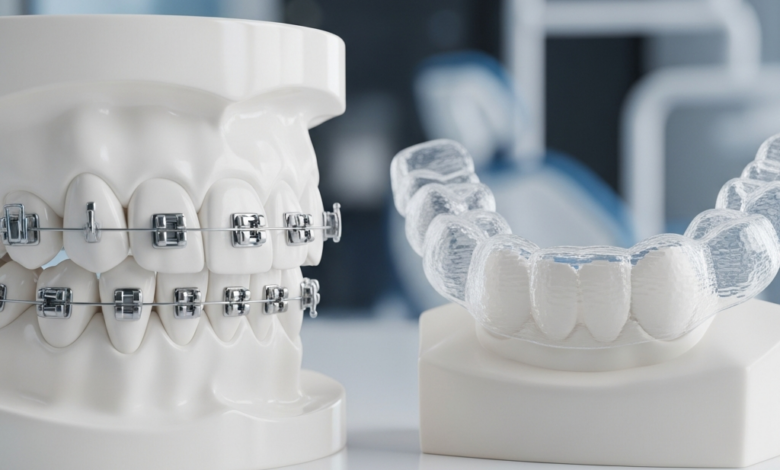 A detailed visual comparison showing traditional metal dental braces on a stylized tooth form on the left, and a transparent clear plastic Invisalign aligner resting on another tooth form on the right. Both are set against a blurred, modern, clean dental office background.