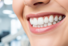Close-up of a radiant, perfectly white, and healthy human smile with flawless teeth, set against a softly blurred, modern dental clinic background. The image evokes successful cosmetic dentistry and aesthetic dental procedures.