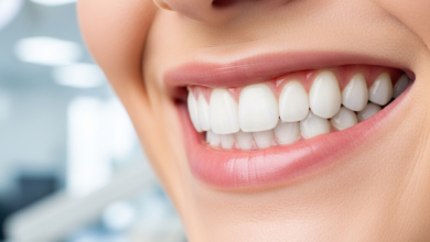 Close-up of a radiant, perfectly white, and healthy human smile with flawless teeth, set against a softly blurred, modern dental clinic background. The image evokes successful cosmetic dentistry and aesthetic dental procedures.