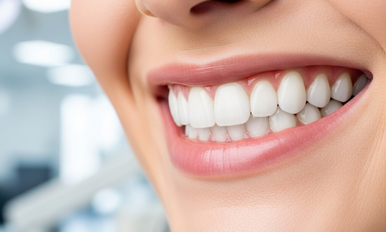 Close-up of a radiant, perfectly white, and healthy human smile with flawless teeth, set against a softly blurred, modern dental clinic background. The image evokes successful cosmetic dentistry and aesthetic dental procedures.