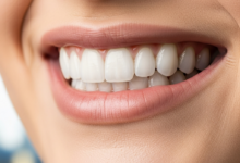 A close-up, photorealistic image of a person's mouth showcasing a perfect, bright white smile, indicative of dental veneers. The background is an extremely blurred, out-of-focus hint of a Canadian cityscape or natural landscape.
