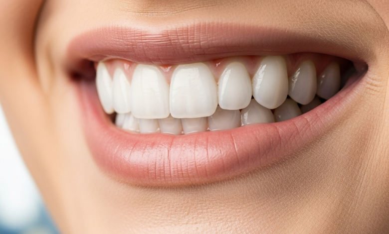 A close-up, photorealistic image of a person's mouth showcasing a perfect, bright white smile, indicative of dental veneers. The background is an extremely blurred, out-of-focus hint of a Canadian cityscape or natural landscape.