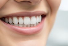 Close-up of a person's mouth with a radiant, perfectly white, and aligned smile, indicative of successfully applied dental veneers. The background is a softly blurred, clean, and bright clinical setting.