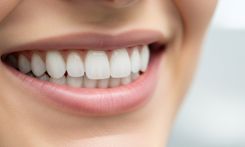 Close-up of a person's mouth with a radiant, perfectly white, and aligned smile, indicative of successfully applied dental veneers. The background is a softly blurred, clean, and bright clinical setting.