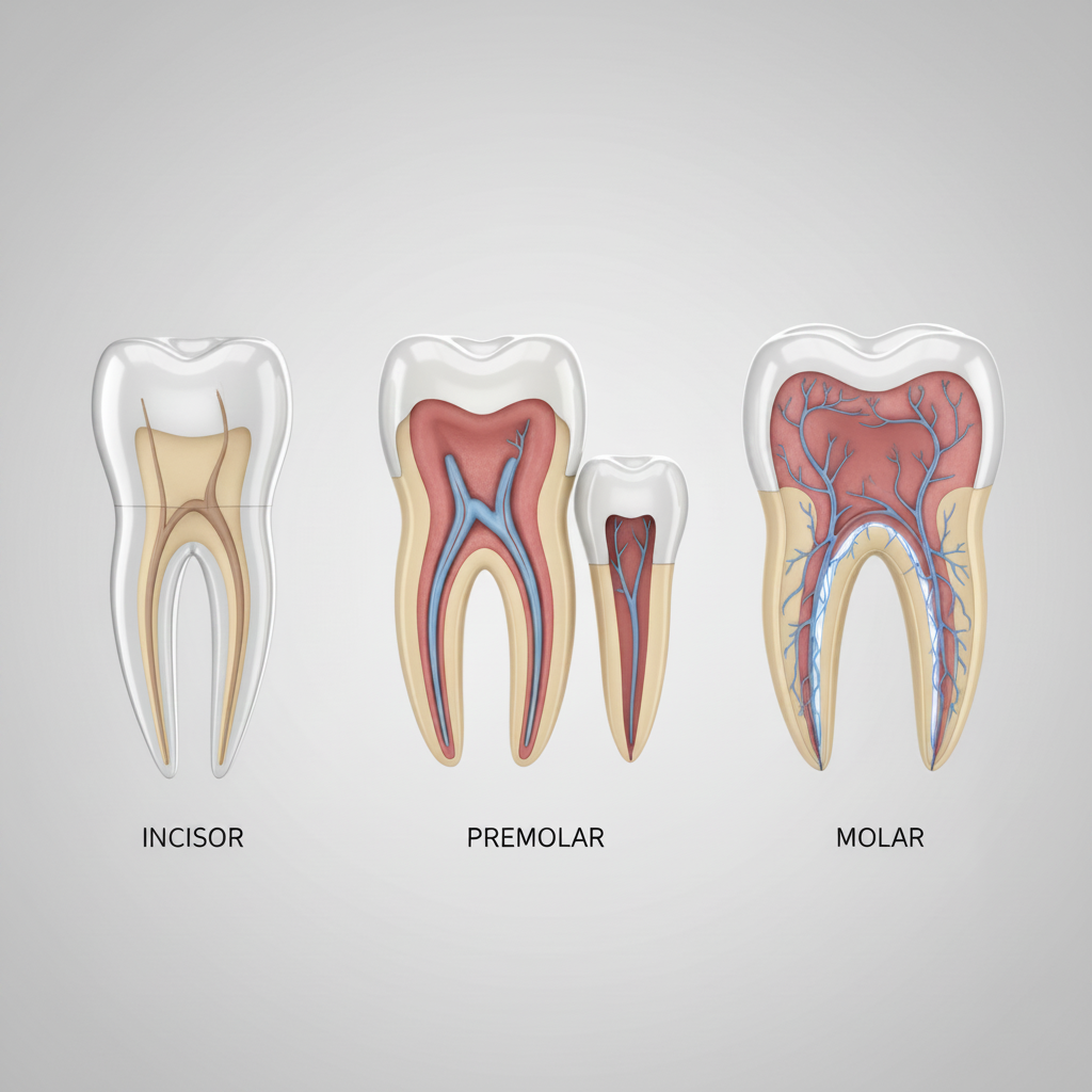 Dental Tooth Types Root Canal Anatomy Root Canal Treatment Cost in Canada varies by tooth type, showing complex internal root canal anatomy.