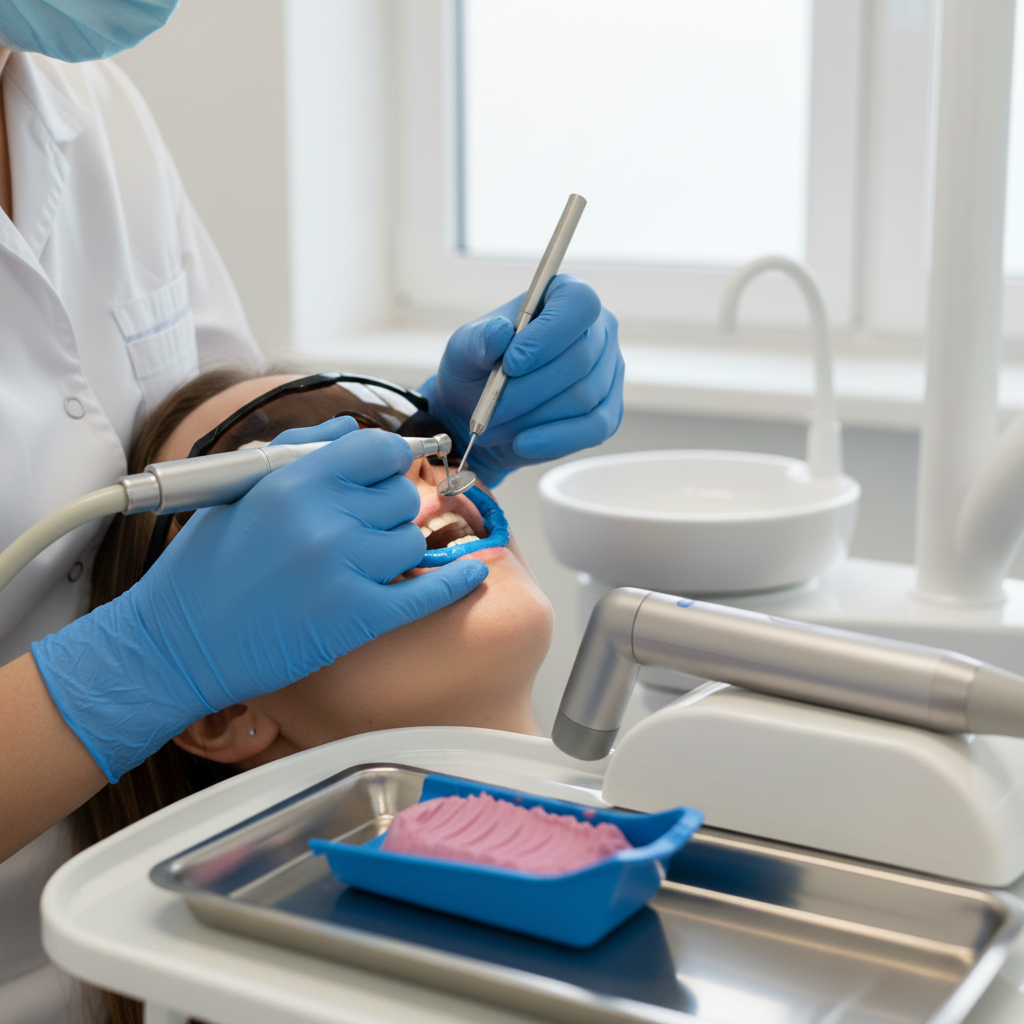 Dental Crown preparation and impression taking during the first dental visit procedure.
