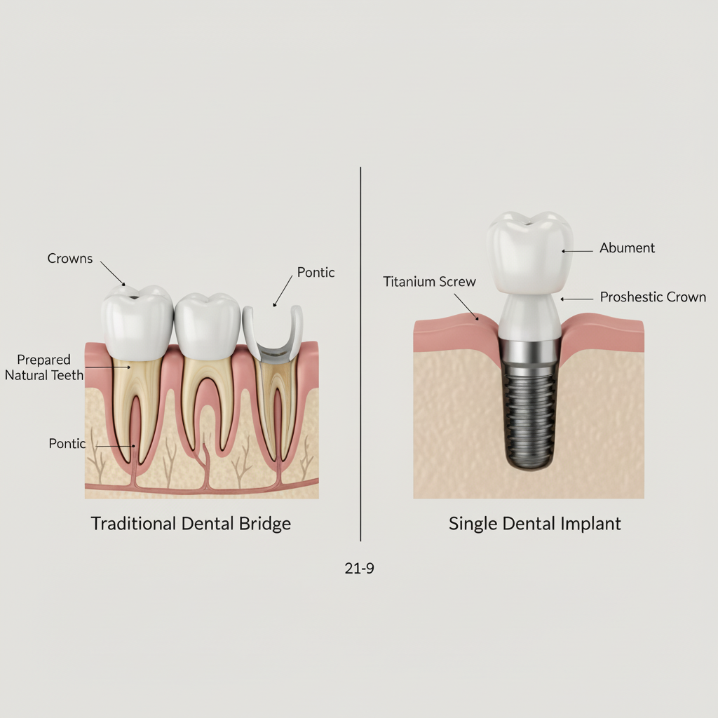 Dental Bridges vs Implants: essential visual comparison for understanding modern tooth replacement options