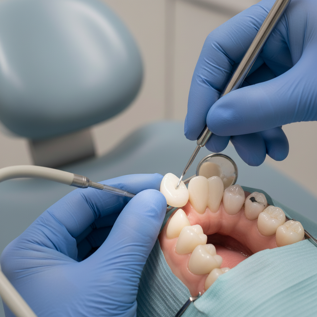 Dental Crown: Dentist expertly fitting and bonding the permanent restoration to a patient's tooth