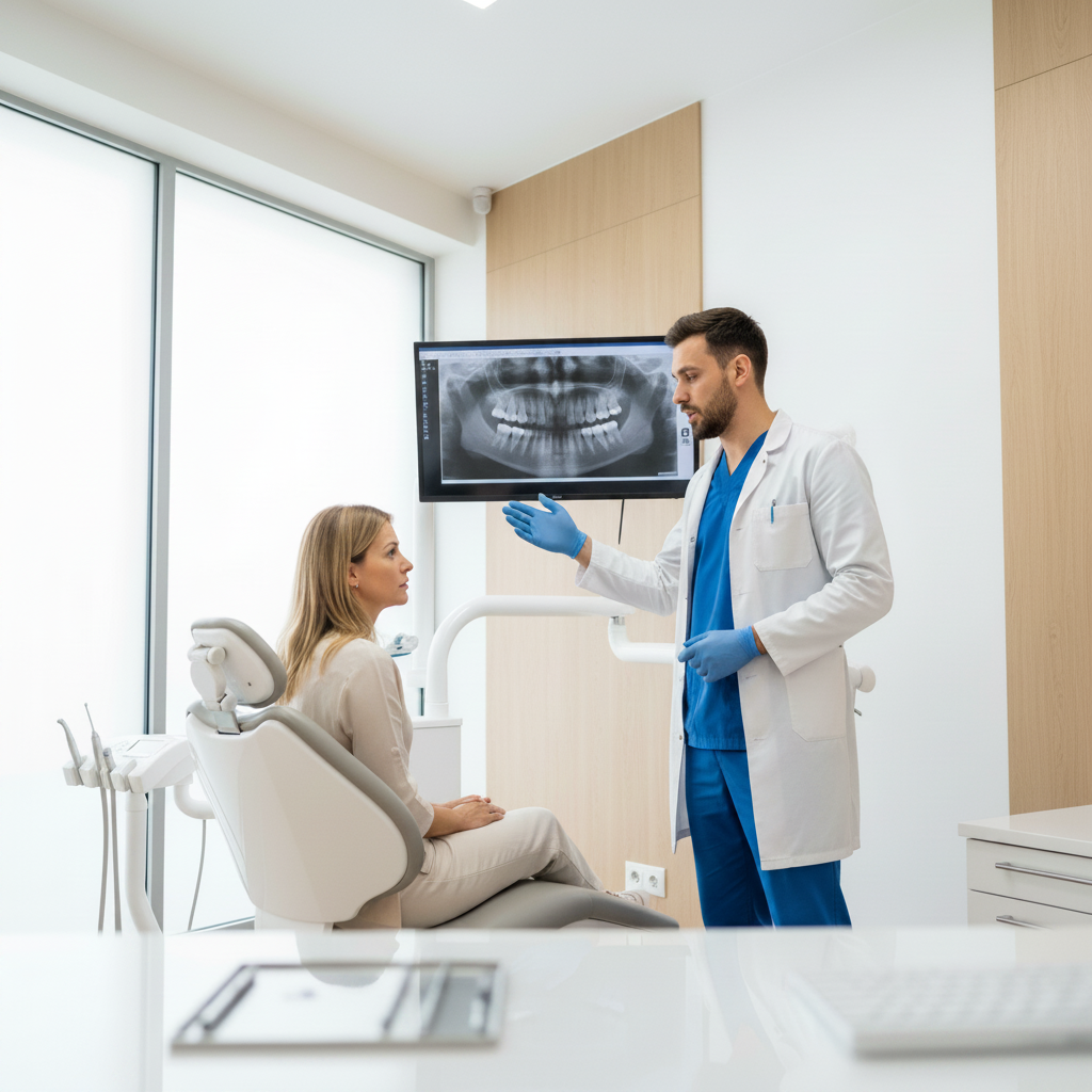 Wisdom Tooth Removal consultation: Dentist and patient review digital X-rays, planning the extraction procedure together.