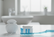 A close-up of a soft-bristled toothbrush with white fluoride toothpaste and dental floss, set in a clean, bright, and blurred bathroom environment, symbolizing professional oral hygiene.