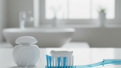 A close-up of a soft-bristled toothbrush with white fluoride toothpaste and dental floss, set in a clean, bright, and blurred bathroom environment, symbolizing professional oral hygiene.