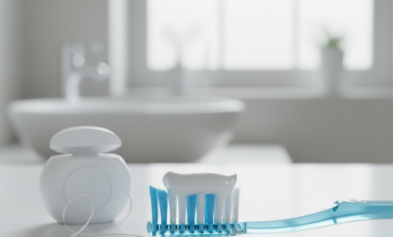 A close-up of a soft-bristled toothbrush with white fluoride toothpaste and dental floss, set in a clean, bright, and blurred bathroom environment, symbolizing professional oral hygiene.
