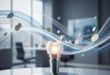 A photorealistic image featuring a meticulously detailed dental implant and crown, glowing subtly, set against a softly blurred, modern professional background with abstract cool-toned lines representing financial policies. The focus is on the advanced dental solution and the concept of insurance coverage in Canada, without any visible text.