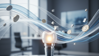 A photorealistic image featuring a meticulously detailed dental implant and crown, glowing subtly, set against a softly blurred, modern professional background with abstract cool-toned lines representing financial policies. The focus is on the advanced dental solution and the concept of insurance coverage in Canada, without any visible text.