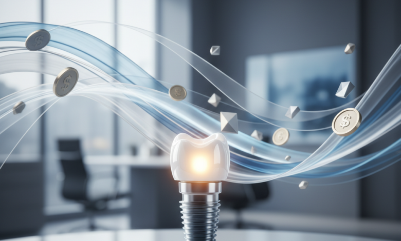 A photorealistic image featuring a meticulously detailed dental implant and crown, glowing subtly, set against a softly blurred, modern professional background with abstract cool-toned lines representing financial policies. The focus is on the advanced dental solution and the concept of insurance coverage in Canada, without any visible text.