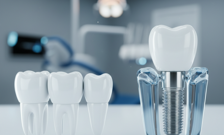 Photorealistic conceptual image comparing dental bridges and dental implants. On one side, three connected teeth form a bridge; on the other, a titanium implant post is embedded in bone with a crown. The background is a blurred modern dental clinic, with no text present.