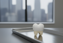 A photorealistic, ultra-detailed close-up of a pristine, white dental crown resting on a sterile, silver dental instrument. The background is a heavily blurred modern dental clinic interior, with an even more blurred, generic Canadian city skyline visible through a window in the far distance. No text is visible.